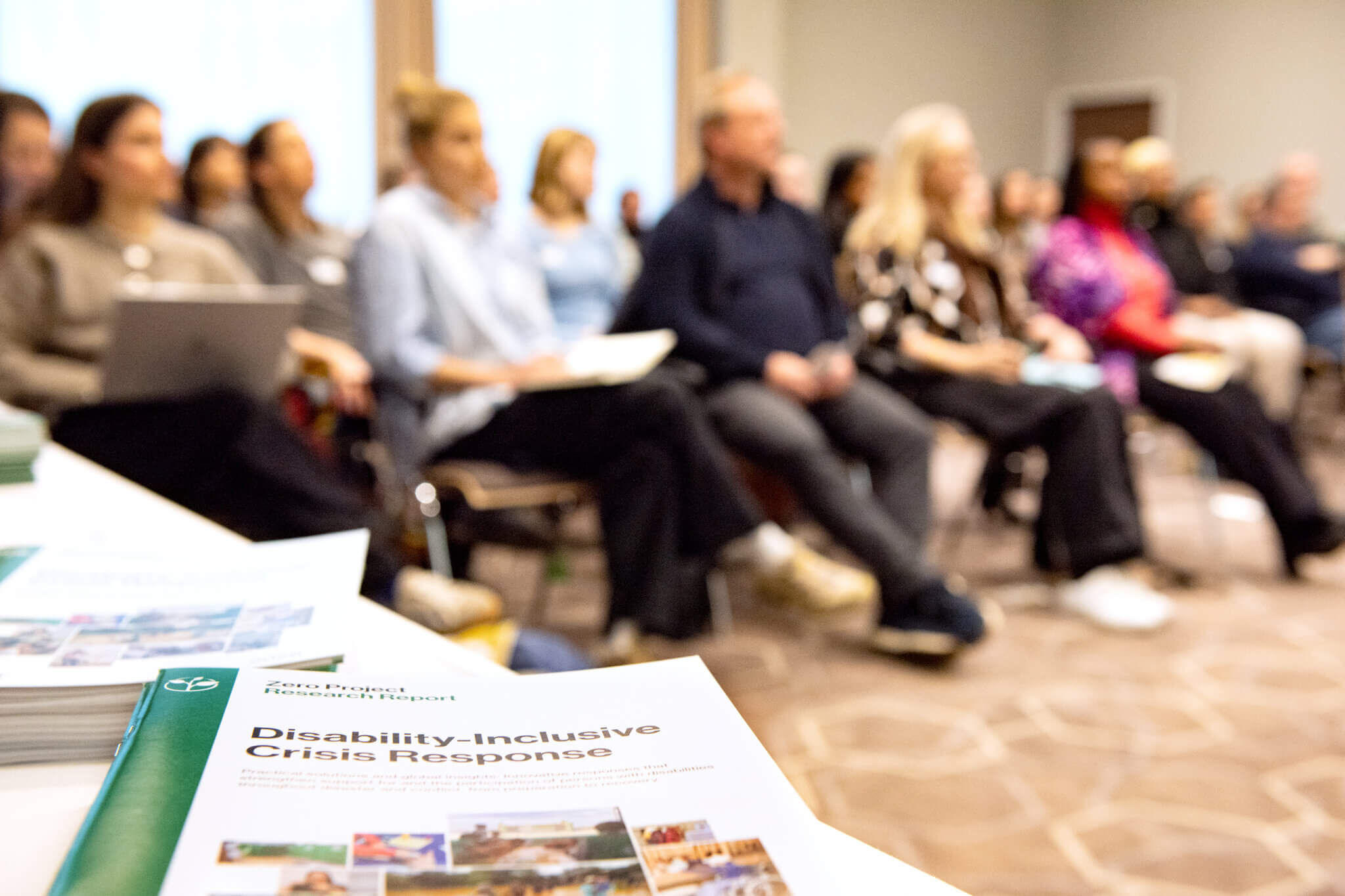 On the picture you can see a audience who is listening to a panel discussion around inclusive humanitarian action. It is a mixed group of people. They are all sitting on chairs.