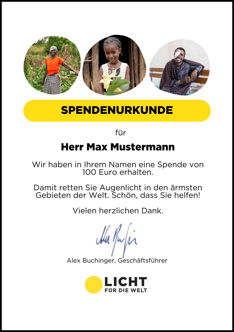 Ein Beispiel für eine Spendenurkunde