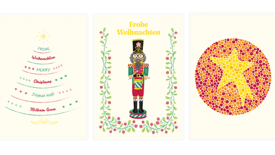 Darstellung drei Weihnachtskarten: Tannenbaum mit Weihnachtswünschen, Nussknacker mit Brille und Frohe Weihnachten und ein Ishihara Test mit rotem Hintergrund und gelbem Stern
