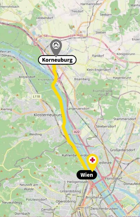 Eine Karte, die den Weg zwischen Wien und Korneuberg mit einer gelben Linie markiert.