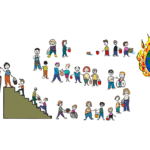 Das Bild zeigt eine Illustration, wie wir Menschen sich Kübel von einem großen Wasserkübel zur brennenden Erde reichen und versuchen das Feuer zu stoppen.