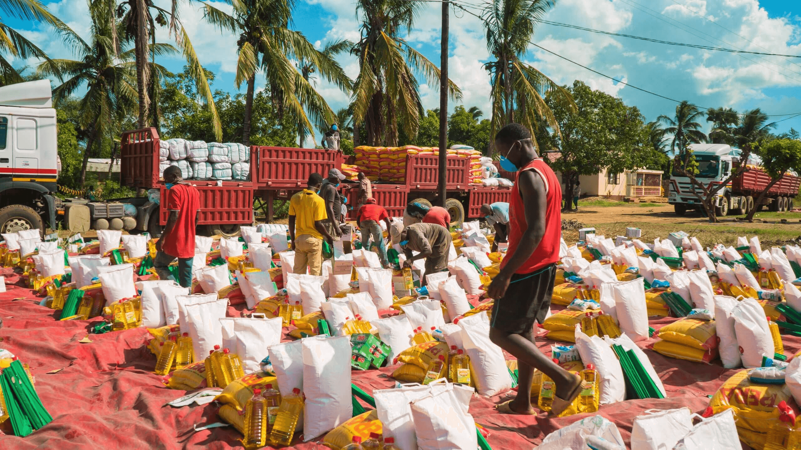 Auf dem Bild sind Hilfspakete für Betroffene des Zyklons Eloise zu sehen.  Die Güter werden gerade mit einem LKW angeliefert, schwarze Menschen verteilen sie auf die Pakete.