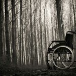 A empty wheelchair is standing in the middle of the woods.