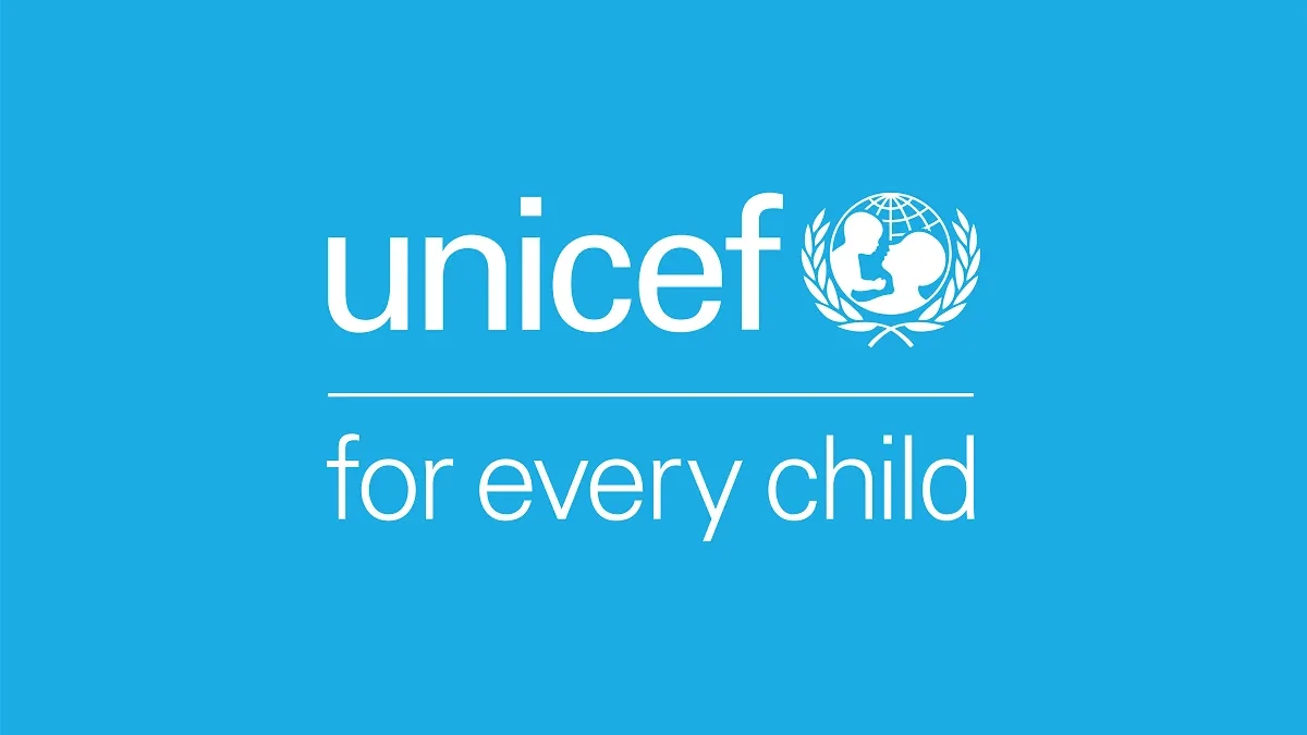 White UNICEF logo on light blue background. The subtitle reads: for every child.