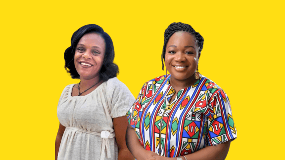Composite photo of Dr Rediet Mesfin and Faustina Ning’a Cikanda, who have joined Light for the World as Senior Experts in Inclusive Education and Economic Empowerment respectively. Rediet is wearing a white dress and Faustina is wearing a brightly-coloured zip-up top. Both are smiling at the camera. The background is yellow.