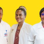 Composite image of paediatric ophthalmologists (from left to right) Dr Vasco da Gama, Dr Rebecca Lusobya and Dr Claudette Yaméogo. All are smiling at the camera.
